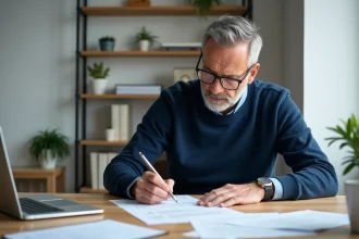 Homme d'âge moyen remplissant un cerfa dans un bureau lumineux
