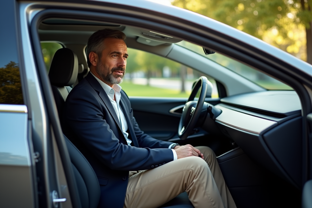 Homme en business dans voiture électrique neuve