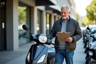 Homme avec scooter moderne devant concession