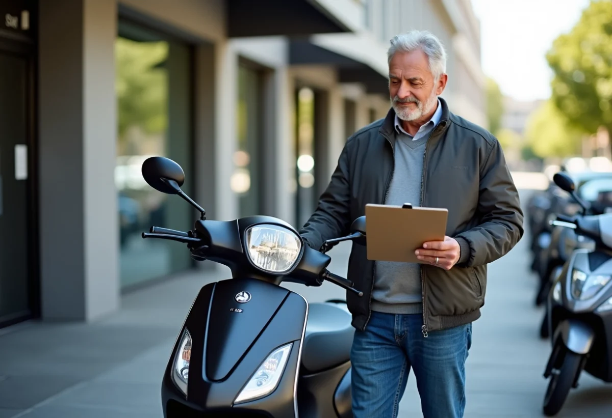 Homme avec scooter moderne devant concession