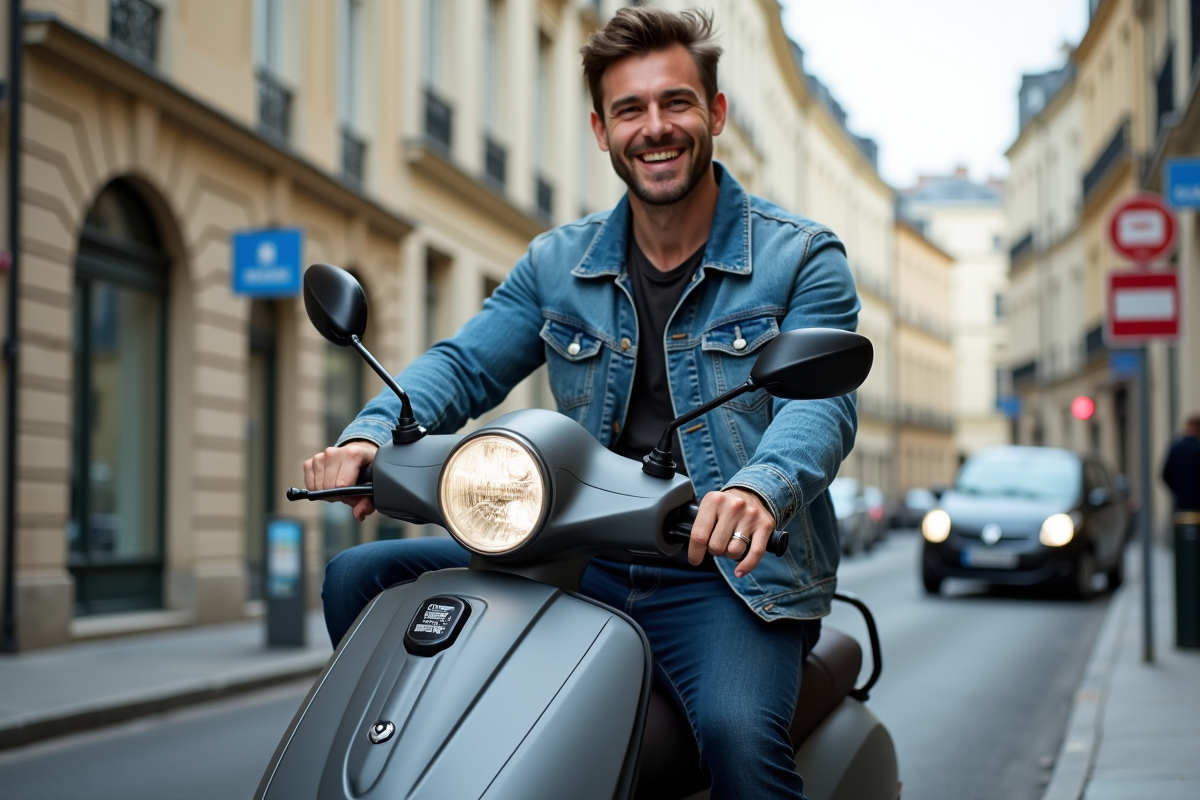 Homme en denim sur scooter 50 cc à Paris