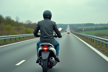Homme en moto scooter sur une route française moderne