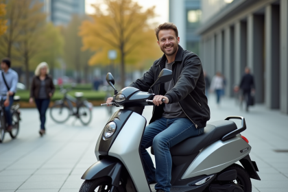 Homme souriant avec scooter Dax en ville moderne