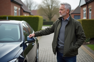 Homme d'âge moyen à côté d'une voiture moderne dans une allée