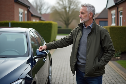 Homme d'âge moyen à côté d'une voiture moderne dans une allée