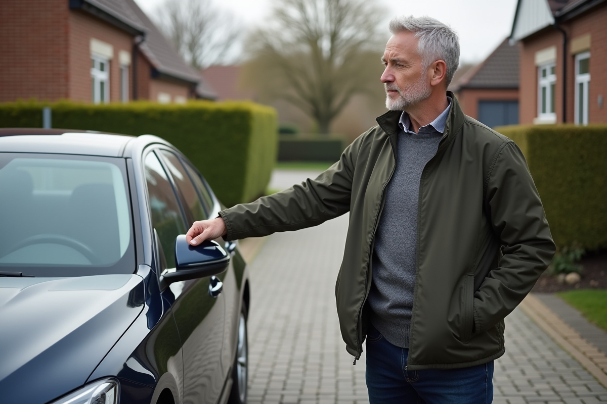 Homme d'âge moyen à côté d'une voiture moderne dans une allée