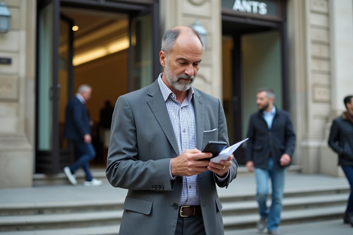 Homme français vérifiant une notification sur son smartphone devant un bâtiment officiel