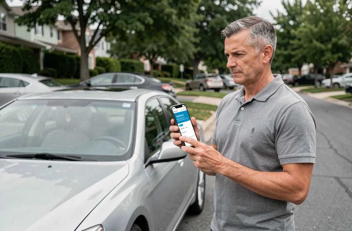 Un homme consulte une application de comparaison d'assurance auto à côté de sa voiture