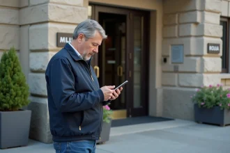 Homme d'âge moyen vérifiant son smartphone devant la mairie