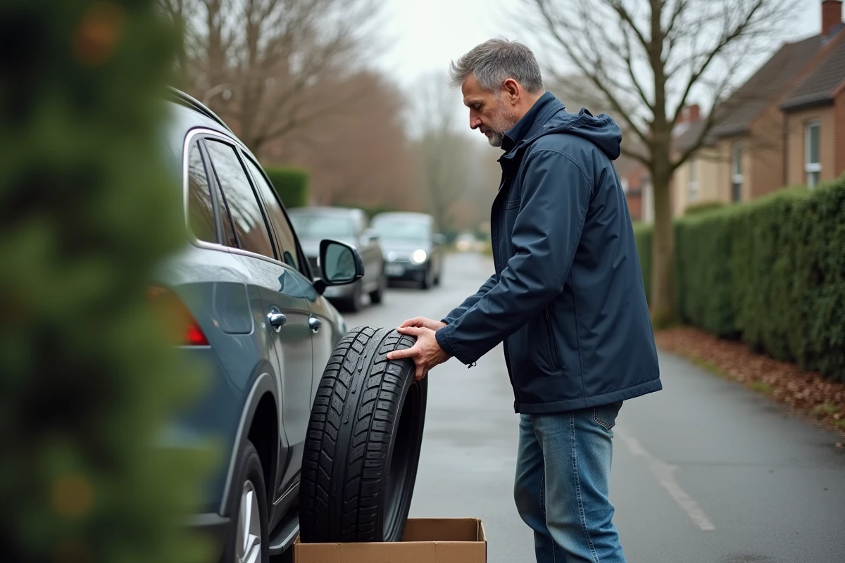 Homme examine pneu de voiture dans driveway résidentielle