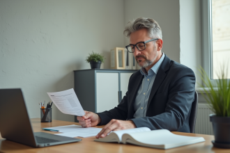 Homme d'âge moyen examinant un document d'immatriculation en France