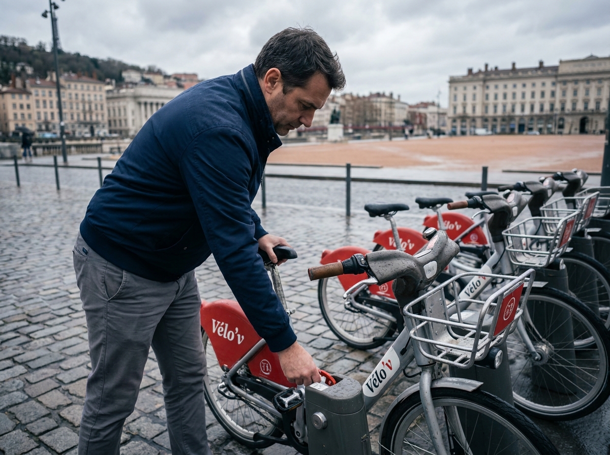 Homme déverrouillant un vélo en libre-service Vélo'v place Bellecour à Lyon