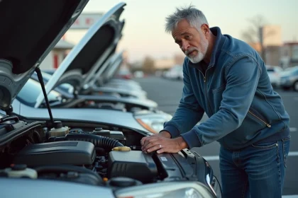 Homme examinant le moteur d'une voiture d'occasion en extérieur