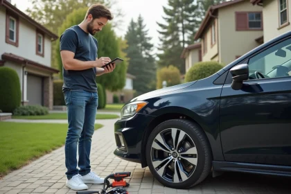 Homme vérifiant la taille des pneus de sa voiture sur le driveway
