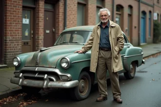 Homme âgé en imper beige près d'une voiture ancienne