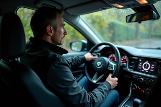 Homme regardant le tableau de bord d'une voiture en ville