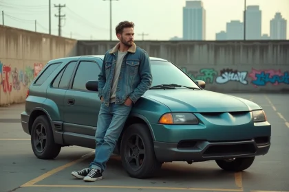 Homme décontracté près d'une voiture Aztek en ville