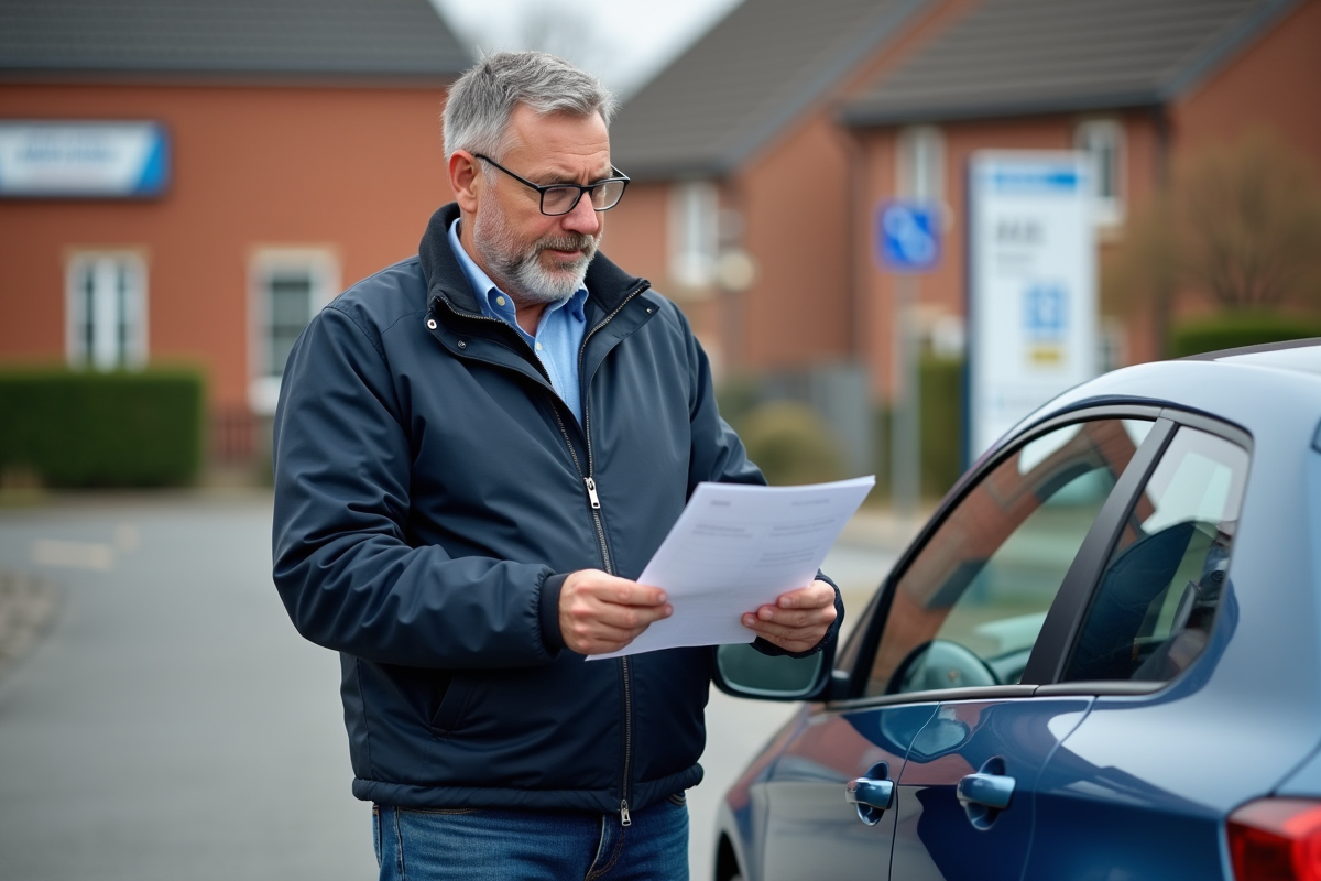Homme d'âge moyen avec certificat de contrôle technique devant sa voiture