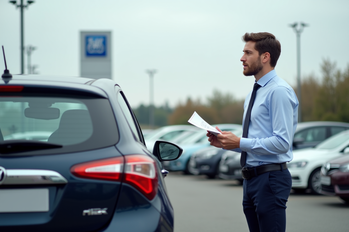 Homme regardant une voiture en concession automobile