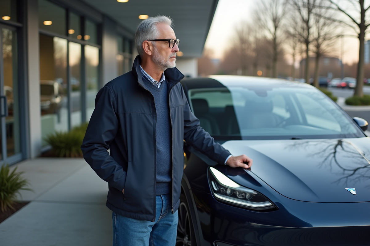 Homme d'âge moyen pointant la tableau de bord d'une voiture électrique