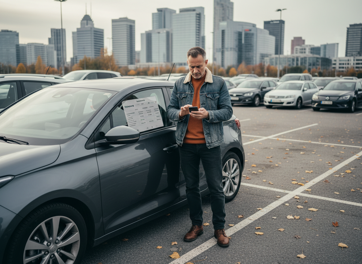 Homme en automne compare leasing voiture électrique dans parking