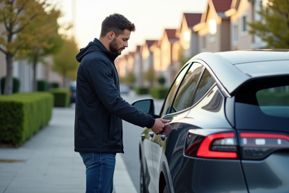 Homme ouvrant la porte d'une voiture électrique moderne dans une rue résidentielle