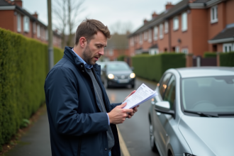 Homme avec document d'immatriculation voiture devant sa voiture