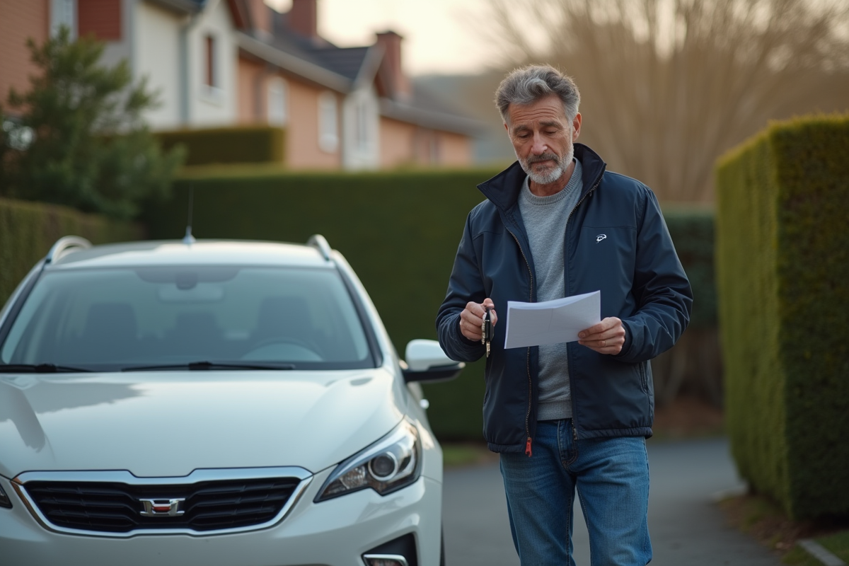 Homme d'âge moyen lisant une lettre près de sa voiture dans une rue résidentielle
