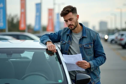 Homme en denim vérifiant une voiture d'occasion en lot