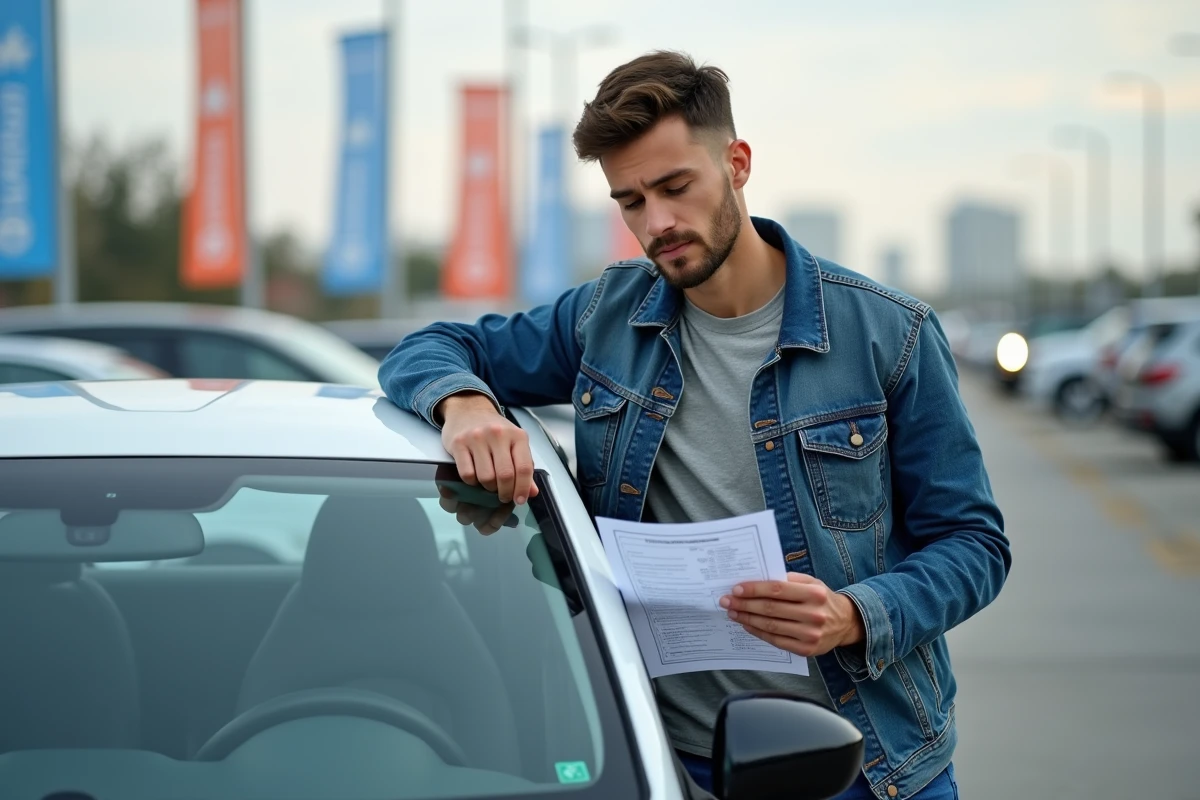 Homme en denim vérifiant une voiture d'occasion en lot