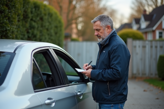 Homme d'âge moyen notant le kilométrage de sa voiture