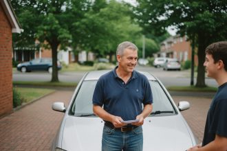 Homme d age avec voiture et papiers en main