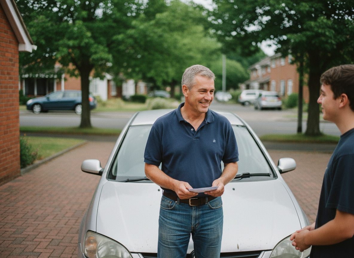 Homme d age avec voiture et papiers en main