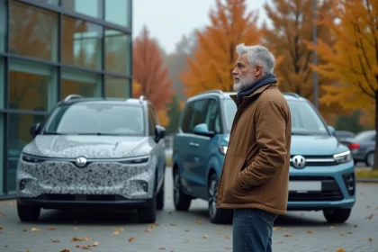 Homme d'âge moyen observant un van familial et un prototype de voiture