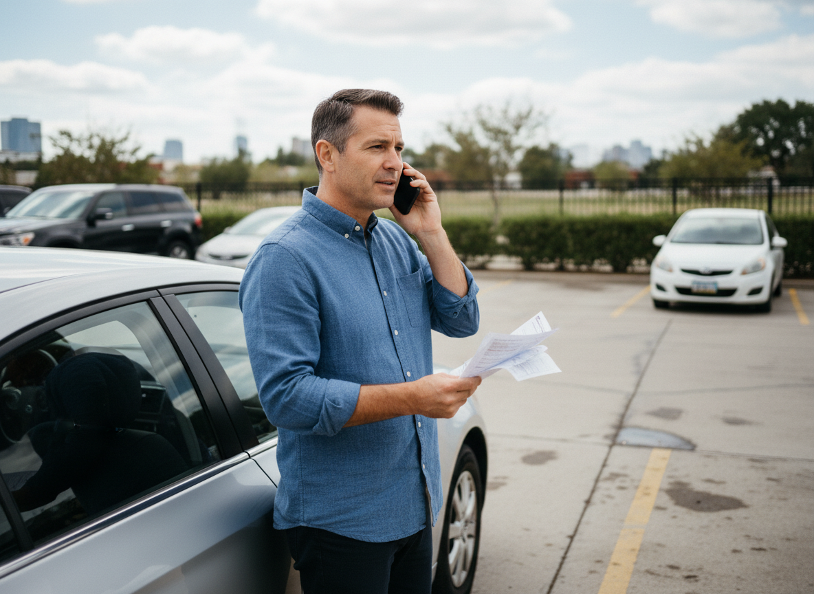 Homme d âge moyen avec voiture en ville parlant au téléphone