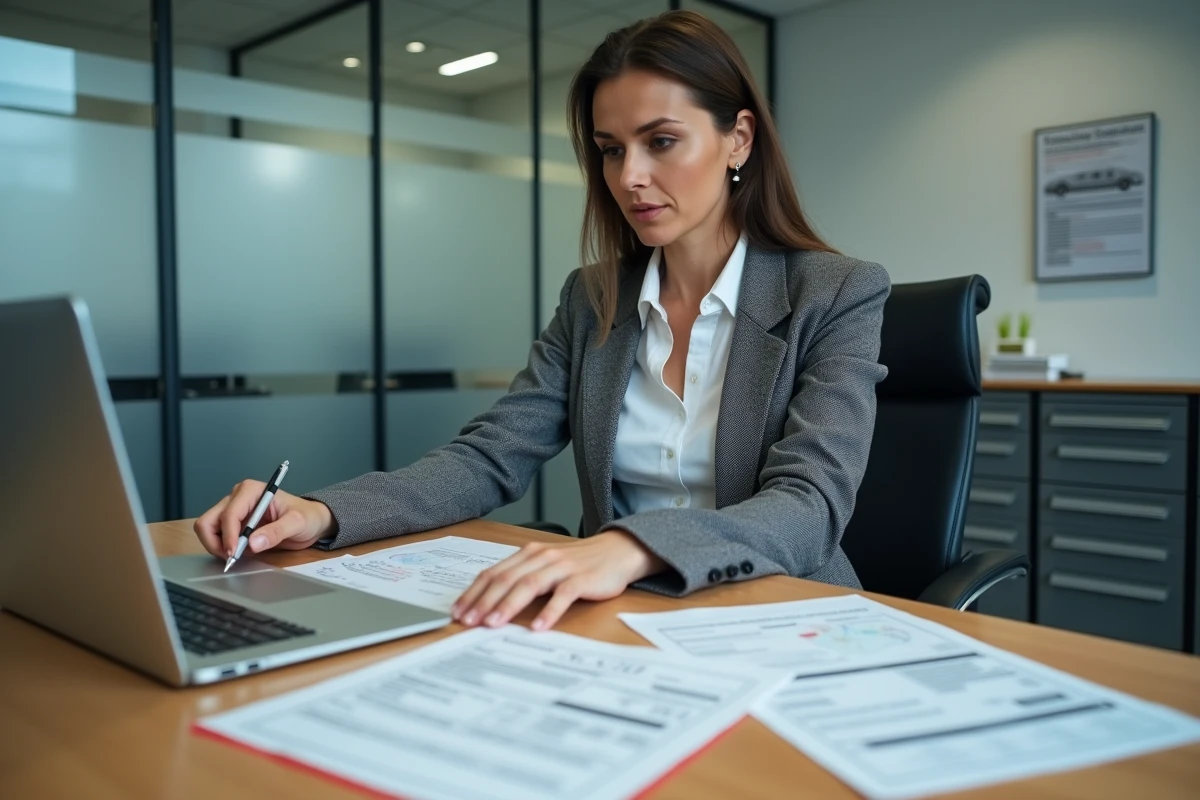 Fonctionnaire examinant des documents d'homologation de véhicule dans un bureau administratif officiel français