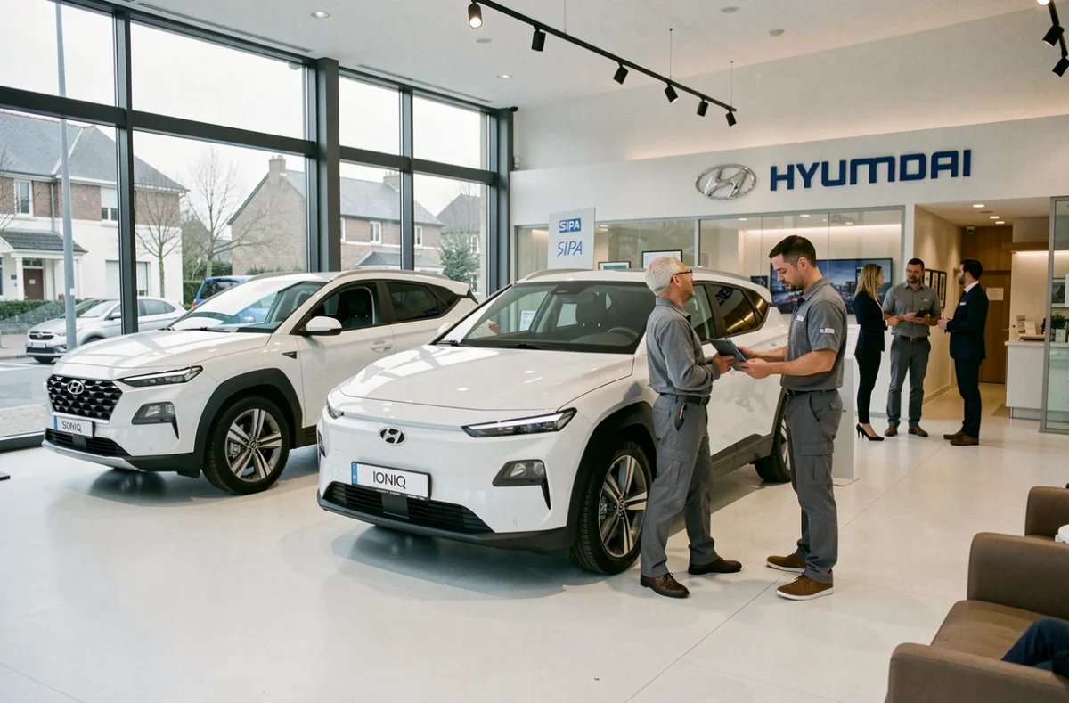 Showroom intérieur Hyundai SIPA Automobiles Bordeaux Nord avec modèles électriques exposés et personnel en service