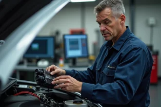 Ingénieur automobile inspectant un module électronique moteur