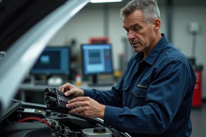 Ingénieur automobile inspectant un module électronique moteur