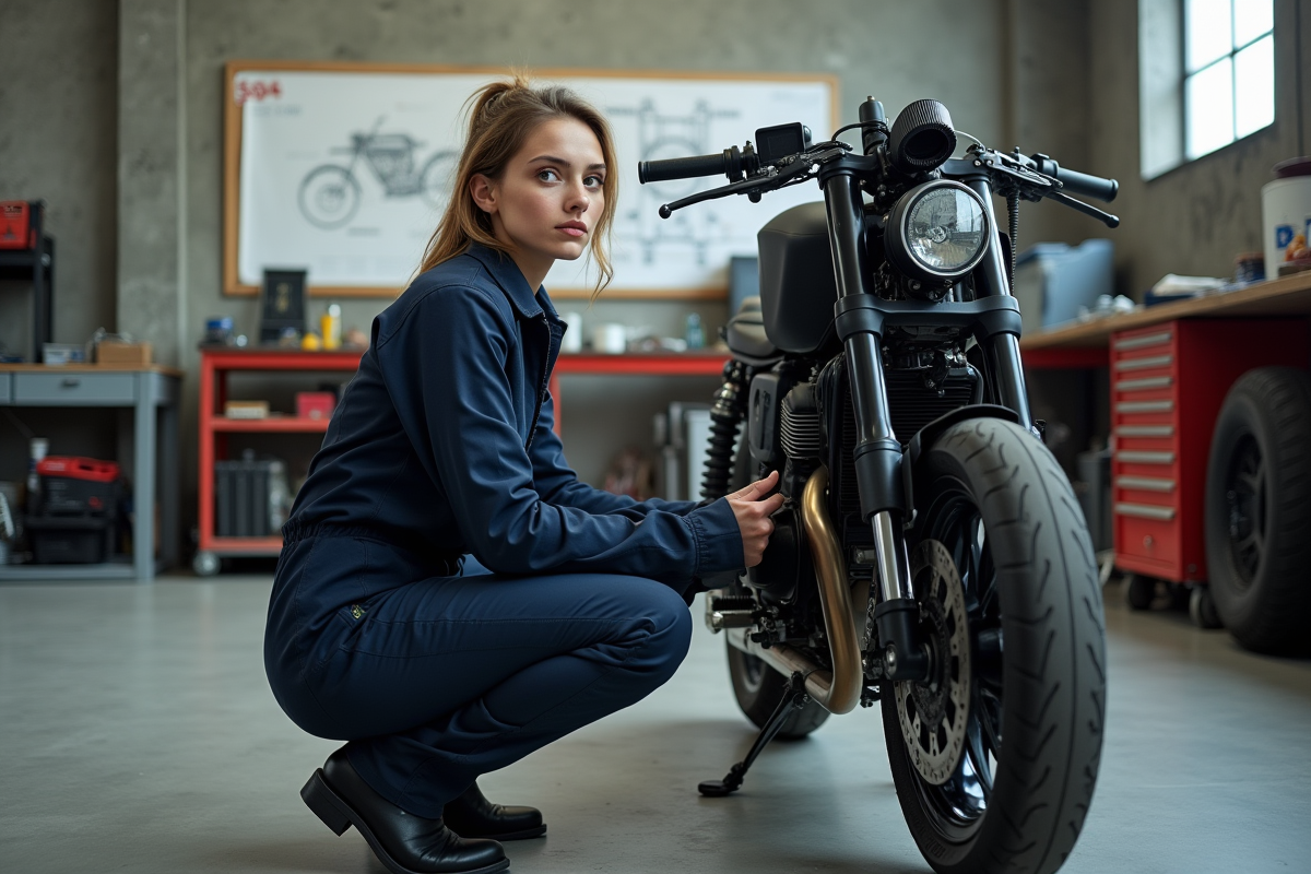 Femme ingénieure en moto dans un atelier spacieux