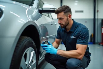 Inspecteur automobile professionnel examinant la carrosserie d'une voiture d'occasion avec un appareil de mesure de l'épaisseur de peinture dans un garage d'inspection