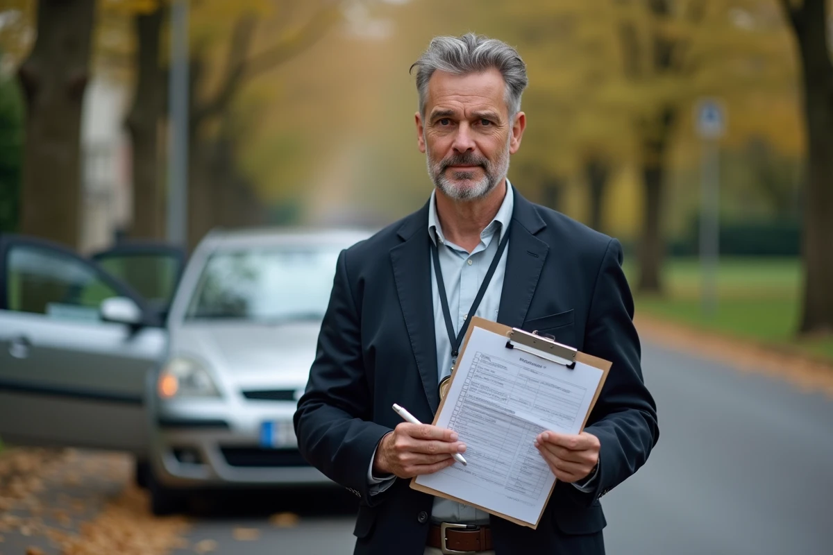 Inspecteur du permis de conduire consultant une fiche d'évaluation PDF devant une voiture garée lors d'un examen pratique en France