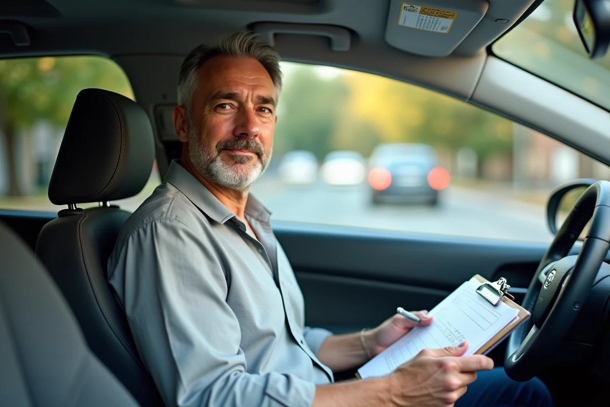 Inspecteur du permis de conduire tenant une grille d'évaluation sur un clipboard lors d'un examen en voiture