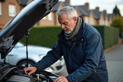 Homme d'âge moyen inspectant le moteur d'une voiture dans une cour résidentielle