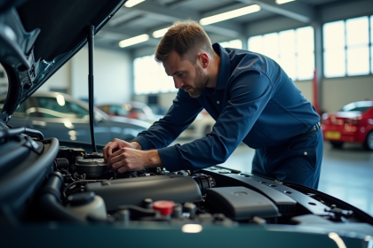 Voiture en inspection dans un atelier lumineux et moderne