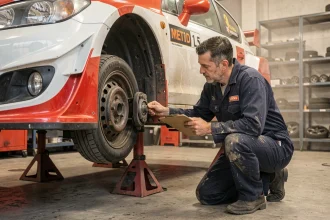 Mécanicien inspectant une voiture de rallye dans un atelier de préparation automobile