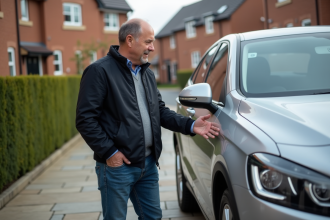 Homme inspectant une rayure sur sa voiture en extérieur