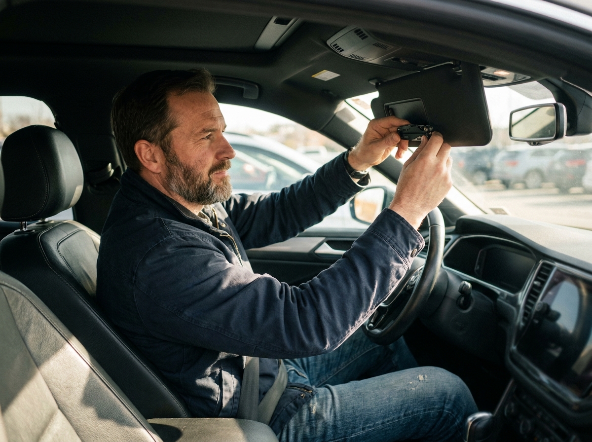 Homme installant un brise-vitre et coupe-ceinture sur le pare-soleil de son SUV, geste de prévention routière