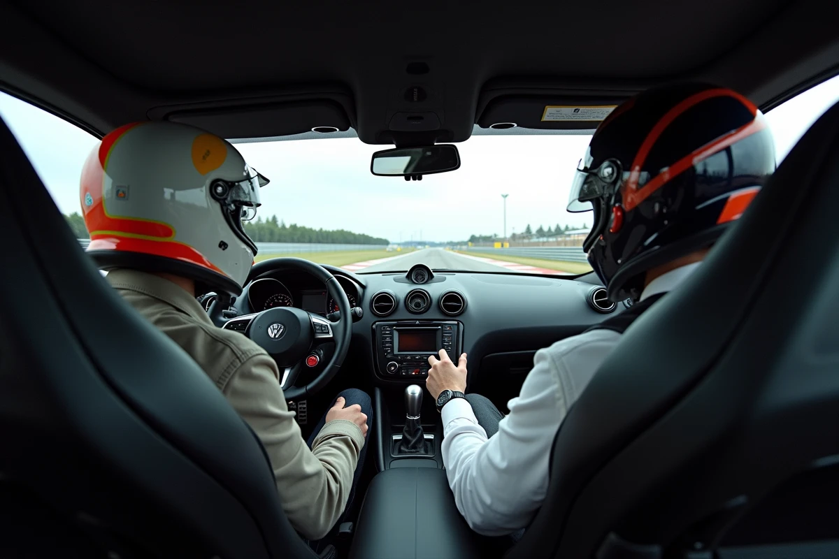Instructeur de stage pilotage guidant un participant à bord d'une voiture de sport sur circuit automobile