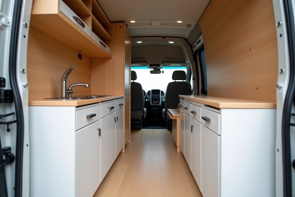 Intérieur aménagé sur mesure d'un Renault Master avec rangements en bois, plan de travail et évier intégré pour usage professionnel